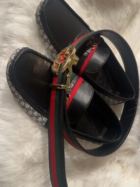 Gucci Black Leather Loafers with Green and Red Web Stripe and Gold Buckle Belt